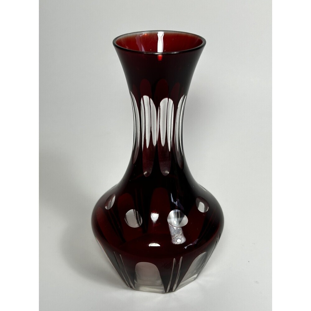 Vintage Cranberry Glass Cut To Clear Bulbous Vase Simply Beautiful 6.75” Tall